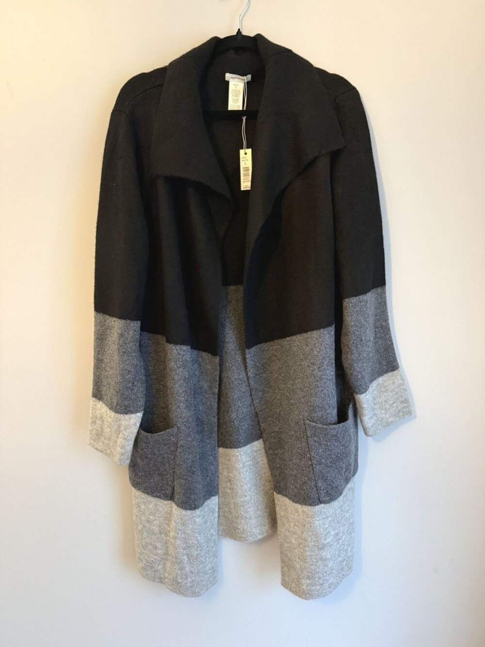 NWT Max Studio Black Gray Colorblock Open Mid Length Cardigan Size L $128 [jb]